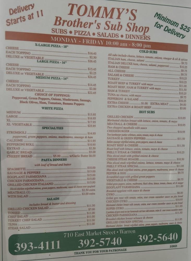 Tommy's Brother's Sub Shop Menu image 3